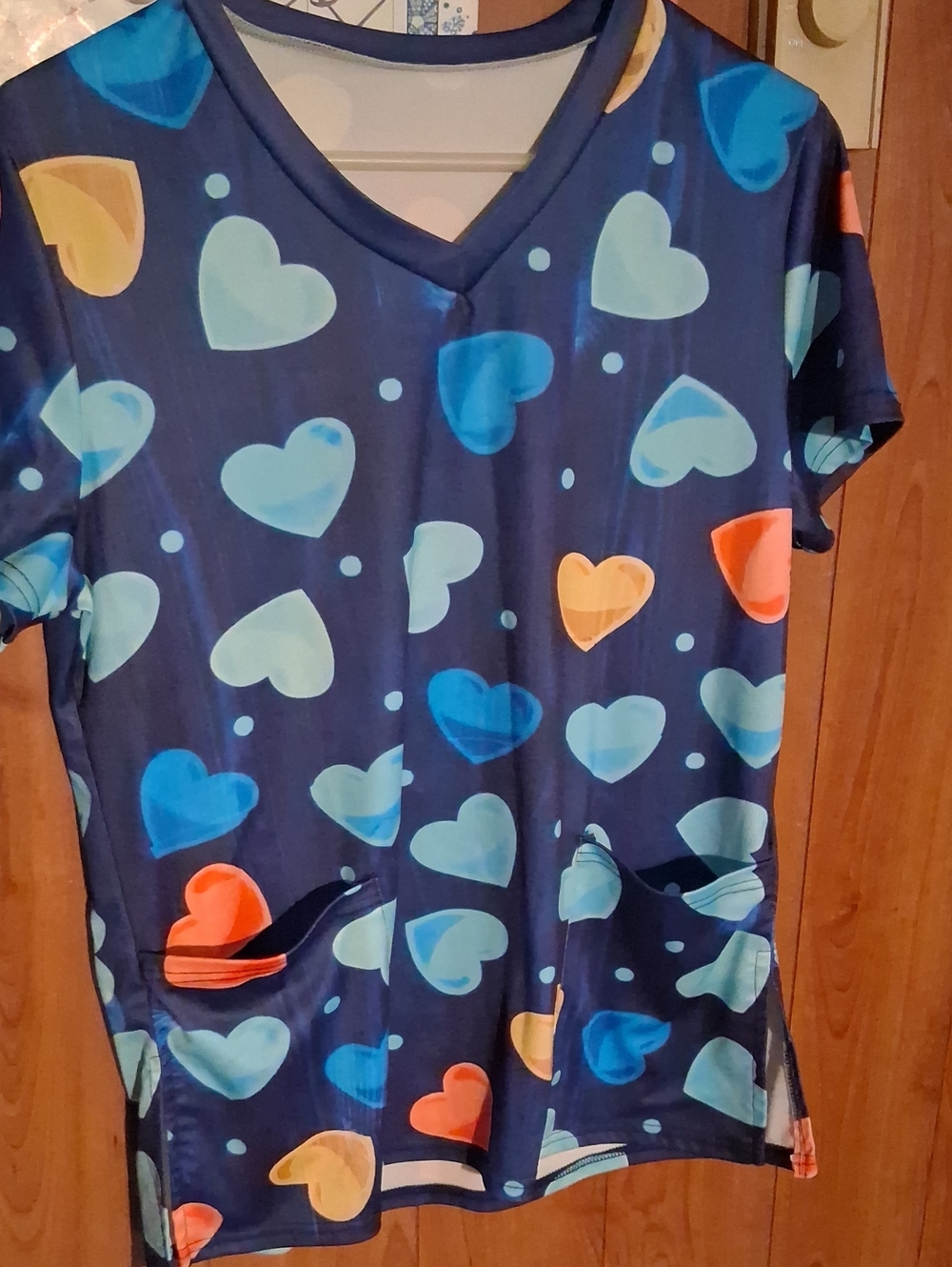 Womens Heart Print V-Neck Top in Navy - Cute Colorful Hearts